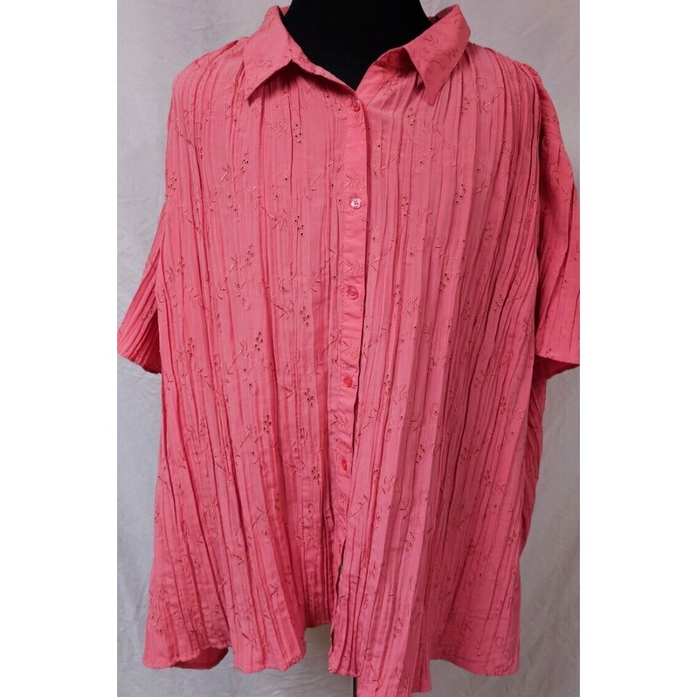 Chelsea Studio Women 36W Salmon Button Bell Sleeves Pleated Embroidered Top